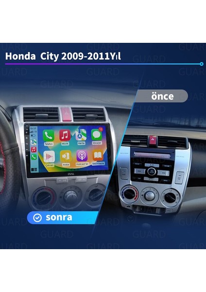 Honda City 2009-2011 Android Sürüm 13 Kablosuz Carplay Navigasyon Multimedya 10.2 Inç Ekran 4gb Ram +64GB Rom Bellek Manuel Klima Çerçeveli ve Arka Görüş Kameralı