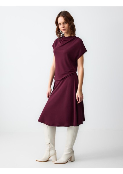 Sumak Rahat Kesim Dökümlü Yaka Kısa Kollu Midi Elbise fiyatları