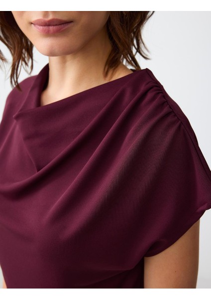 Sumak Rahat Kesim Dökümlü Yaka Kısa Kollu Midi Elbise indirimleri