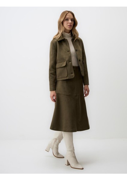 Haki Rahat Kesim Örme Süet Midi Etek modelleri