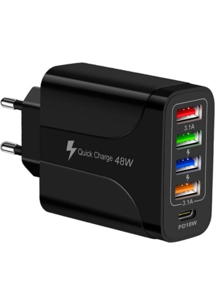 Quick Charge 48W 4 USB + 18W Pd Çoklu Şarj Başlığı Type C Girişli Hızlı Şarj Adaptörü A501-1