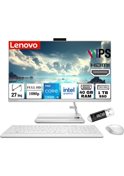 Ideacentre Aıo 3 27IAP7 Intel Core I5 12450H 40GB 1tb SSD Freedos 27" Fhd All In One Bilgisayar F0GJ00GQTX-A14 & Anzar USB Bellek