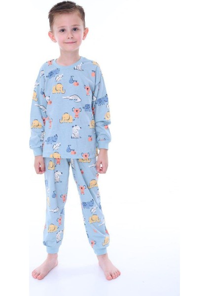 Pamuk Orman Hayvanları Desenli Erkek Çocuk Pijama Takımı - Mavi