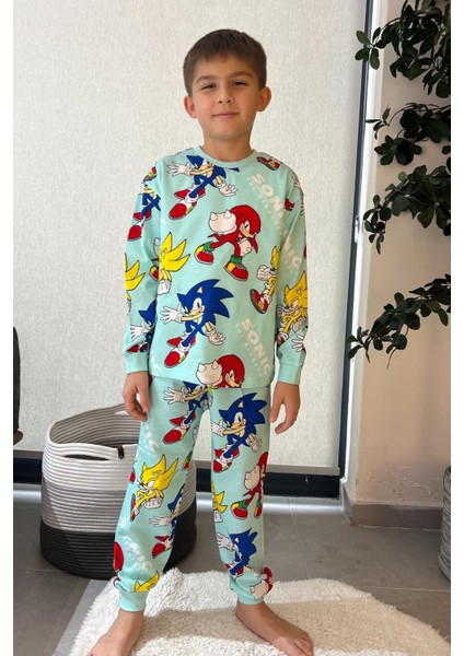 Pamuk Sonic The Hedgehog Desenli Erkek Çocuk Pijama Takımı - Turkuaz