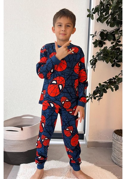 Pamuk Örümcek Adam Desenli Erkek Çocuk Pijama Takımı - Lacivert