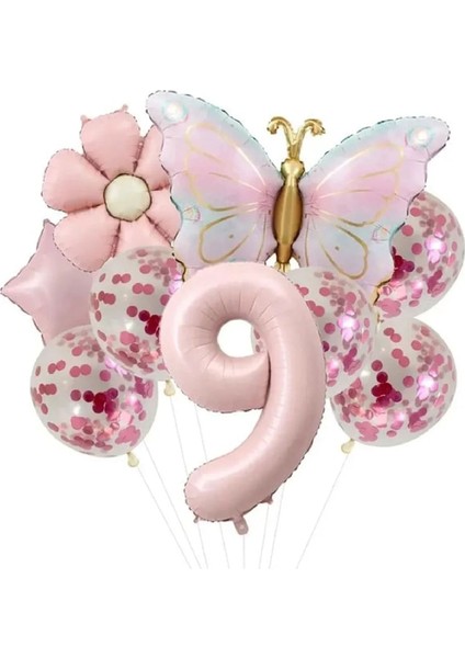 Soft Pembe Papatyalı Yılıdızlı Kelebek Yaş Folyo Balonlu Doğum Günü Parti Seti Süsü
