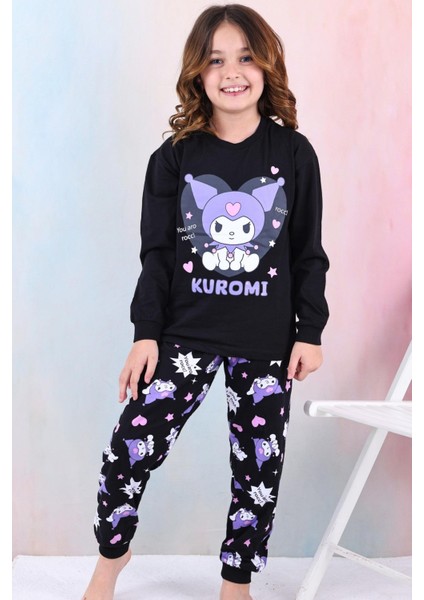 %100 Pamuk Kuromi Büyük Baskılı Kız Çocuk Pijama Takımı - Siyah
