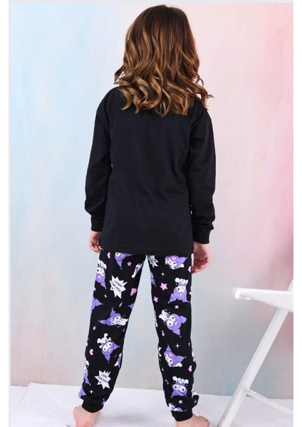 %100 Pamuk Kuromi Büyük Baskılı Kız Çocuk Pijama Takımı - Siyah modelleri
