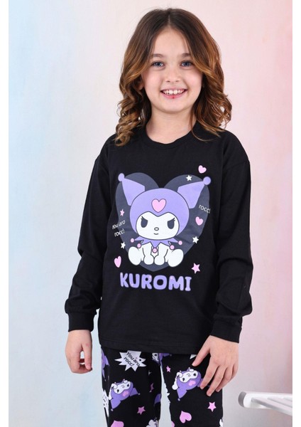 %100 Pamuk Kuromi Büyük Baskılı Kız Çocuk Pijama Takımı - Siyah fırsatları