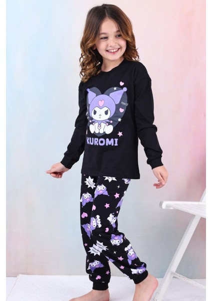 %100 Pamuk Kuromi Büyük Baskılı Kız Çocuk Pijama Takımı - Siyah indirimleri