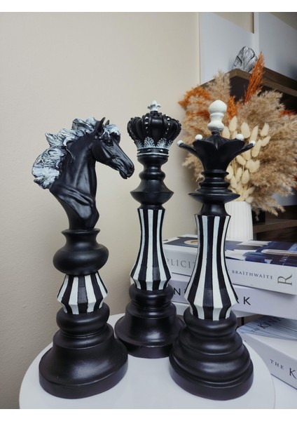Dekoratif 40 cm Polyester Beyaz Detaylı Siyah 3'lü Set Satranç Biblo Takımı