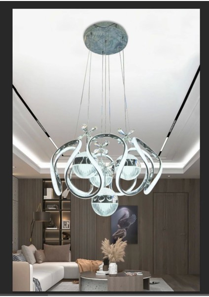 3 Renkli Salon Sarkıt LED Avize Toplu Kelebekli Gümüş Nikelaj Kaplama Ledli Salon Avize ve Otuma Odası Avize