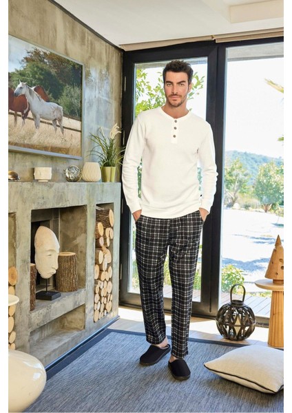 Aydoğan Erkek Uzun Kollu Waffle Kumaş Pamuklu Pijama Takımı Ekose Desenli Beyaz