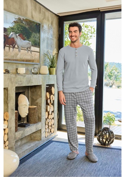 Aydoğan Erkek Uzun Kollu Waffle Kumaş Pamuklu Pijama Takımı Kare Desenli Gri
