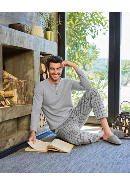 Aydoğan Erkek Uzun Kollu Waffle Kumaş Pamuklu Pijama Takımı Kare Desenli Gri fiyatları
