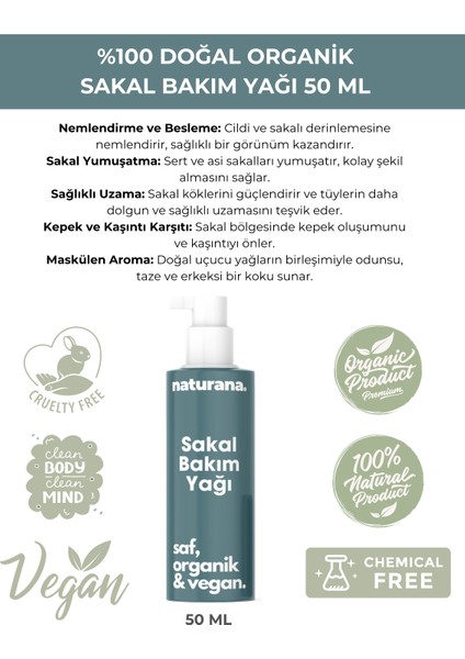 %100 Doğal Sakal Bıyık Bakım Yağı 50 ml Besleyici Canlandırıcı Yumuşatıcı Kepeklenme Karşıtı