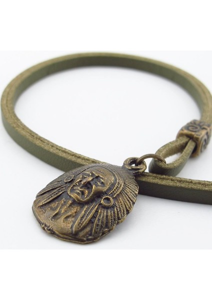 Kızılderili Şef Mitolojik Bronz Metal Haki Yeşil Deri Erkek Kolye Q0945