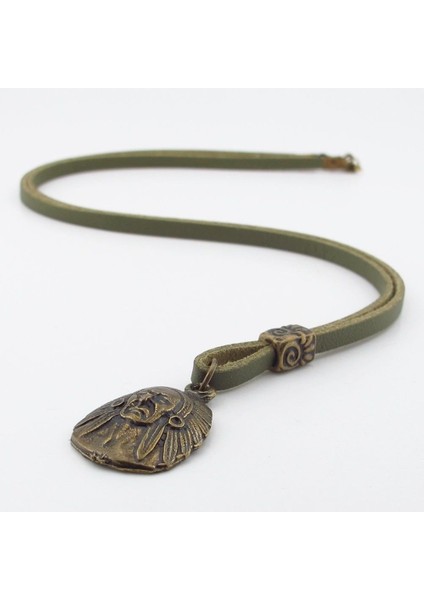 Kızılderili Şef Mitolojik Bronz Metal Haki Yeşil Deri Erkek Kolye Q0945 modelleri