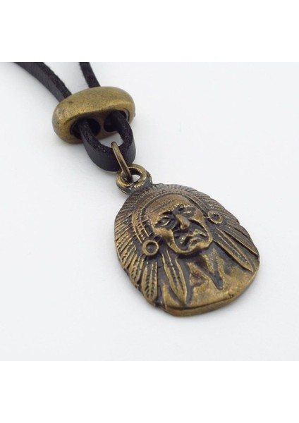 Kızılderili Şef Mitolojik Bronz Metal Siyah Deri Erkek Kolye Q0946