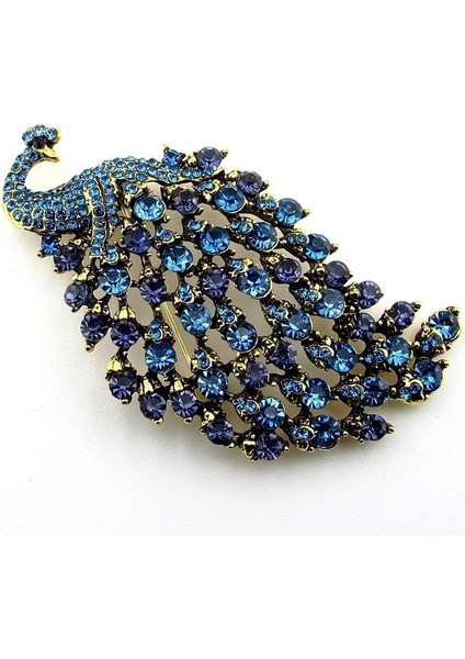 Büyük Boy Tavus Kuşu Mavi Zirkon Taşarla Süslü Metal Broş RZ255