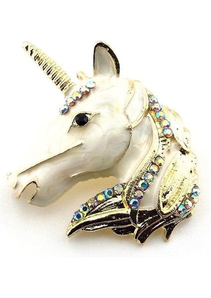 Unicorn Tek Boynuzlu Beyaz At Yanar Döner Zirkon Taşlı Broş RZ257