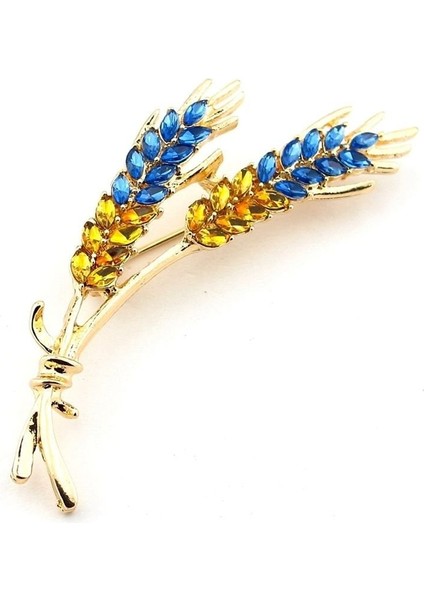 Sarı Mavi Başak Bolluk Bereket Simgesi Zirkon Taşlı Metal Broş RZ254