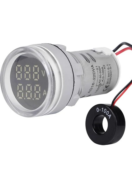 Beyaz Voltmetre + Ampermetre AC12-500V 0-100A 22 mm