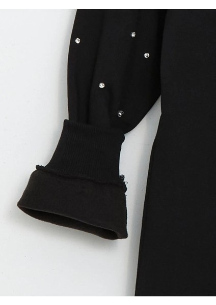 Lcw Modest Siyah Bisiklet Yaka Parlak Taş Baskılı Kadın Kalın Sweatshirt Tunik modelleri