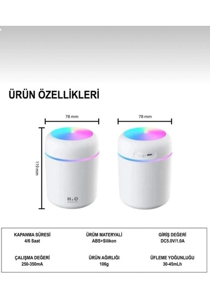 Oda Araç Nemlendirici Buhar Makinesi Rgb Işıklı USB