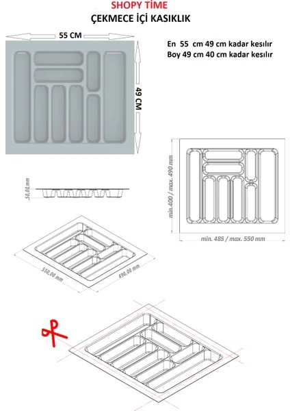 Gri Renk Çekmece Içi Kaşıklık 55X49 cm (49X40 Ölçülerine Uyarlanabilir) indirimleri