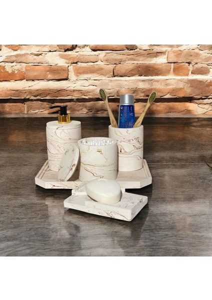 Elegan Mermer Desenli Beton Banyo Aksesuar Seti (5 Parça)