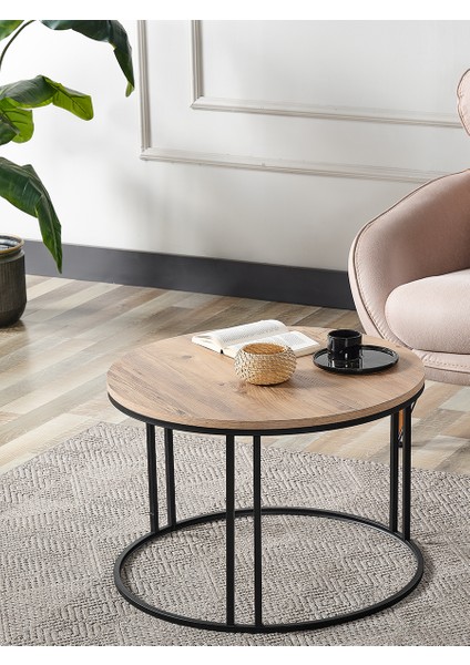 4'lü Ahşap Metal Ayaklı Ahşap C Model Zigon ve Orta Sehpa Takımı
