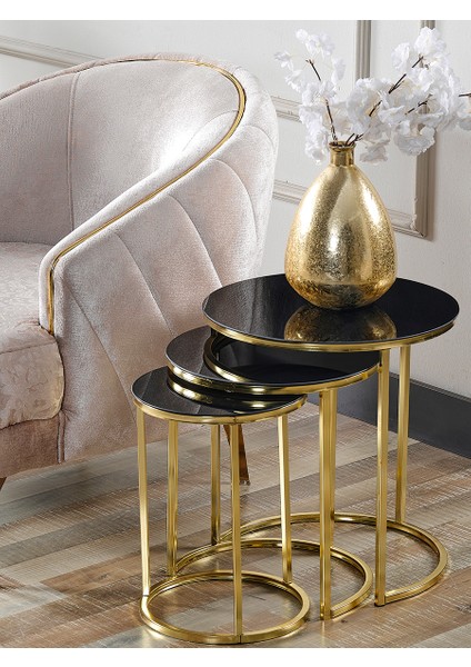 4 Lü Siyah Temperli Kırılmaz Cam Gold Metal Ayaklı Cam C Model Sehpa Takımı (Zigon ve Orta)