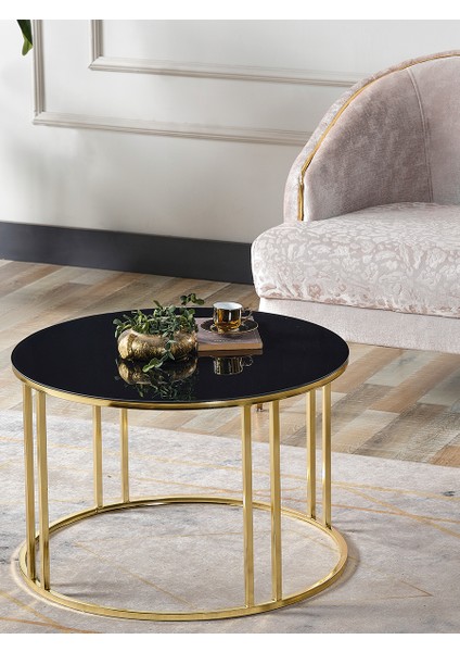 4 Lü Siyah Temperli Kırılmaz Cam Gold Metal Ayaklı Cam C Model Sehpa Takımı (Zigon ve Orta)