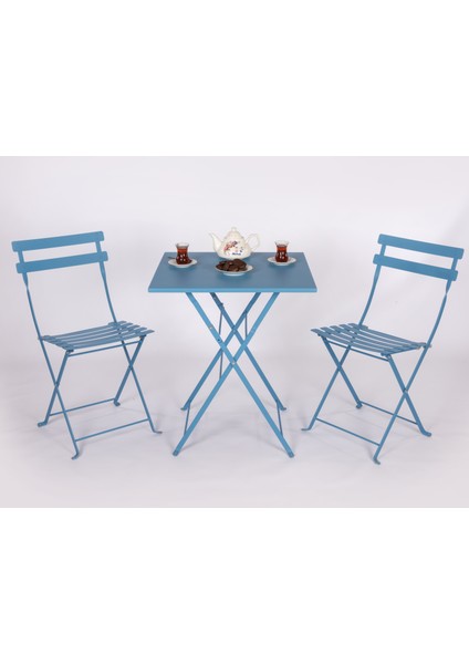 Bistro Serisi Katlanır Metal Masa Sandalye Seti: Pastel Mavi RAL5024 Kare: 61 x 61 cm