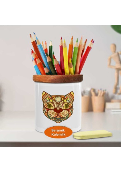 Etnik Desenli Kedi Ahşap Seramik Kalemlik - 2147492822
