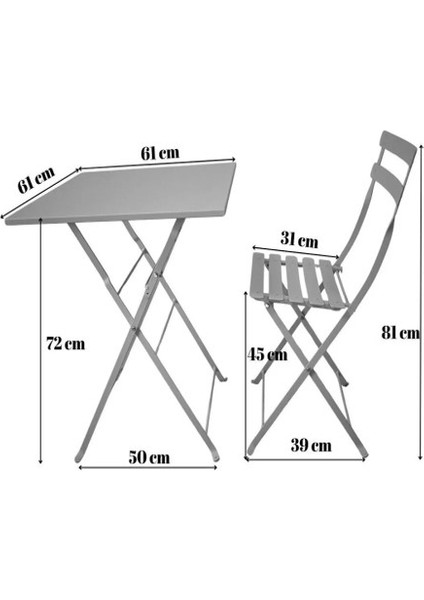 Bistro Serisi Katlanır Metal Masa Sandalye Seti Özellikleri: Turuncu RAL2004 Kare: 61 x 61 cm