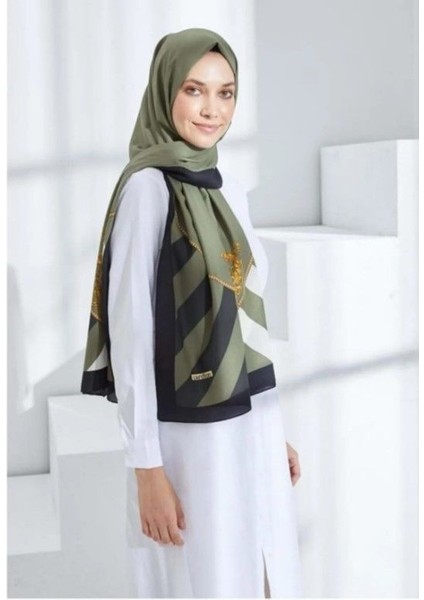 Medine Ipeği Şal Barok Desen Haki Yeşil