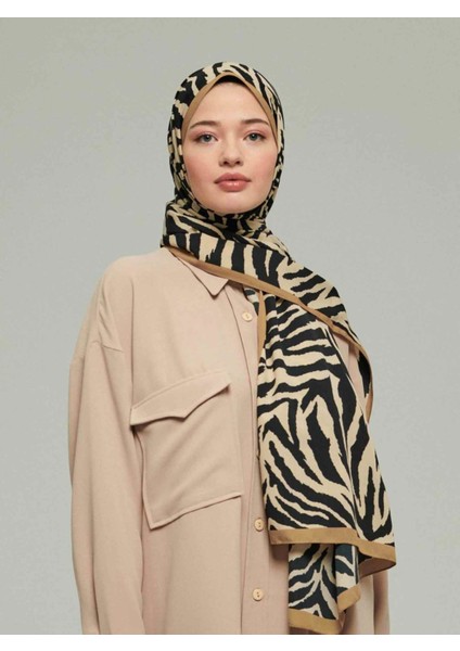 Moda Kaşmir Medine Ipeği Şal Zebra Desen Siyah Gold