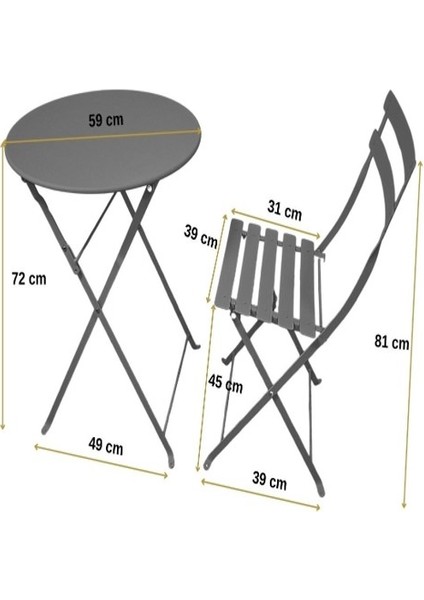 Bistro Serisi Katlanır Metal Masa Sandalye Seti Özellikleri: Turuncu RAL2004 Yuvarlak:59 cm