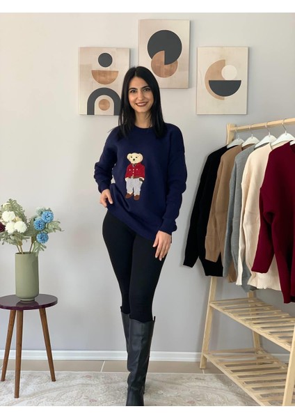 Kadın Teddy Bear Bisiklet Yaka Triko Kazak (Lacivert)