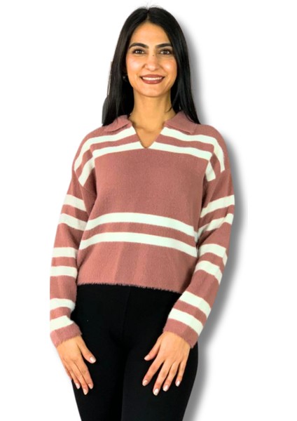 Kadın Polo Yaka Sakallı Triko Crop Kazak(Pembe)