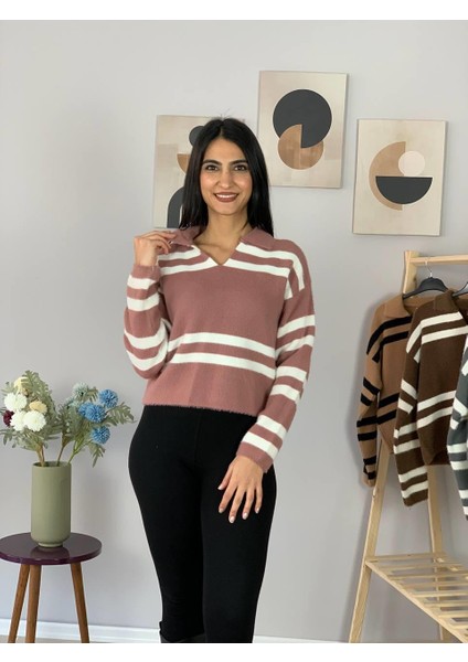 Kadın Polo Yaka Sakallı Triko Crop Kazak(Pembe)