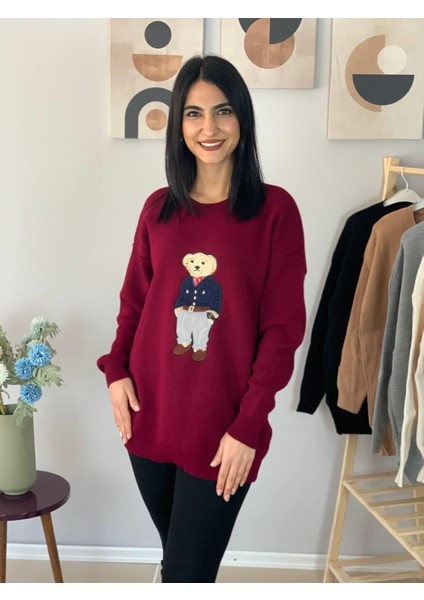Kadın Teddy Bear Bisiklet Yaka Triko Kazak (Bordo)