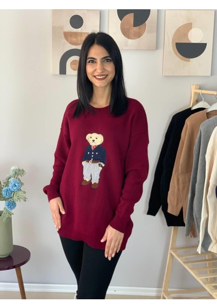 Kadın Teddy Bear Bisiklet Yaka Triko Kazak (Bordo)