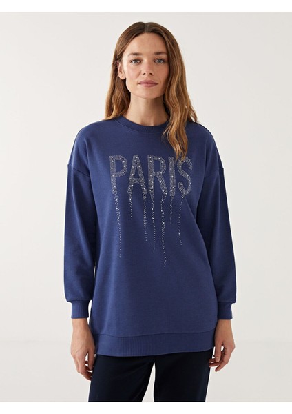 Lcw Modest Lacivert Bisiklet Yaka Parlak Taşlı Kadın Sweatshirt Tunik