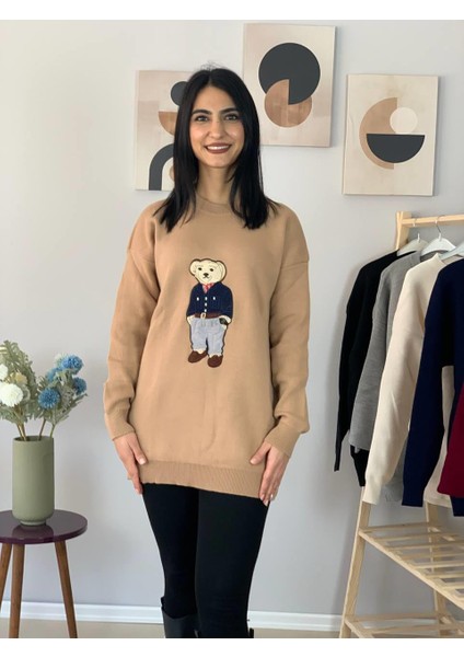 Kadın Teddy Bear Bisiklet Yaka Triko Kazak (Taş)