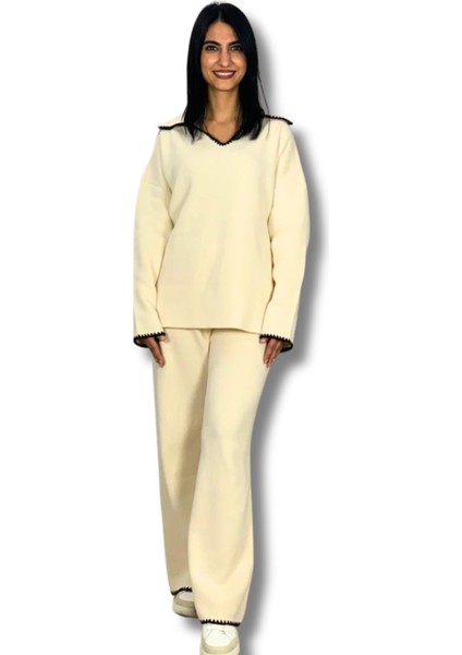Kadın Çoban Dikişli Rahat Kesim Triko Takım(Beyaz)