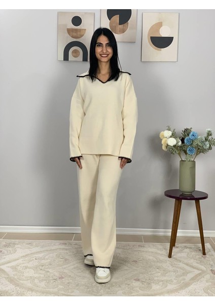 Kadın Çoban Dikişli Rahat Kesim Triko Takım(Beyaz) modelleri