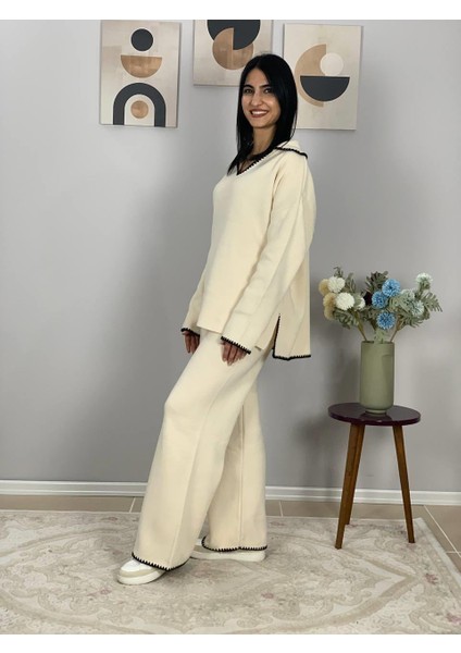 Kadın Çoban Dikişli Rahat Kesim Triko Takım(Beyaz) indirimleri